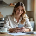 Femme en business casual utilisant une application d'assurance