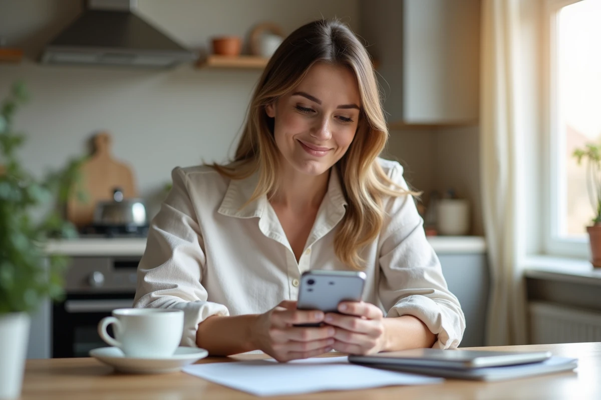 Femme en business casual utilisant une application d'assurance