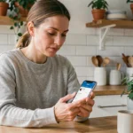 Femme consultant l'application bancaire Société Générale Particuliers sur son smartphone depuis sa cuisine