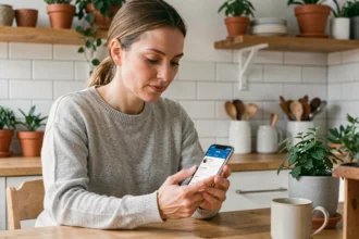 Femme consultant l'application bancaire Société Générale Particuliers sur son smartphone depuis sa cuisine