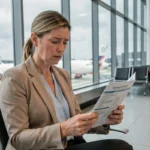 Femme consultant un document d'assurance voyage à l'aéroport, carte Visa Infinite posée sur ses genoux