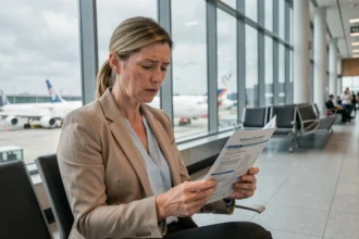 Femme consultant un document d'assurance voyage à l'aéroport, carte Visa Infinite posée sur ses genoux
