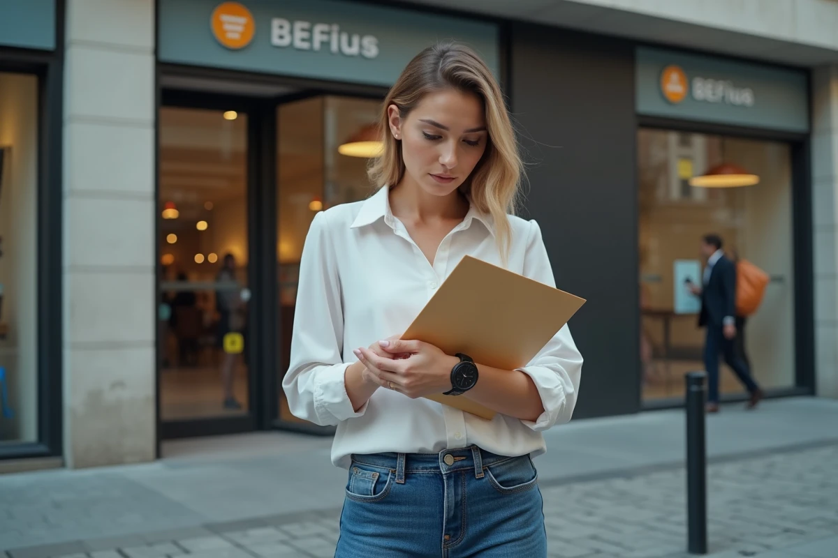 Jeune femme attendant devant une banque avec une enveloppe