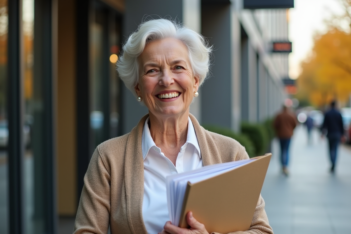 Femme souriante tenant des dossiers devant une banque moderne