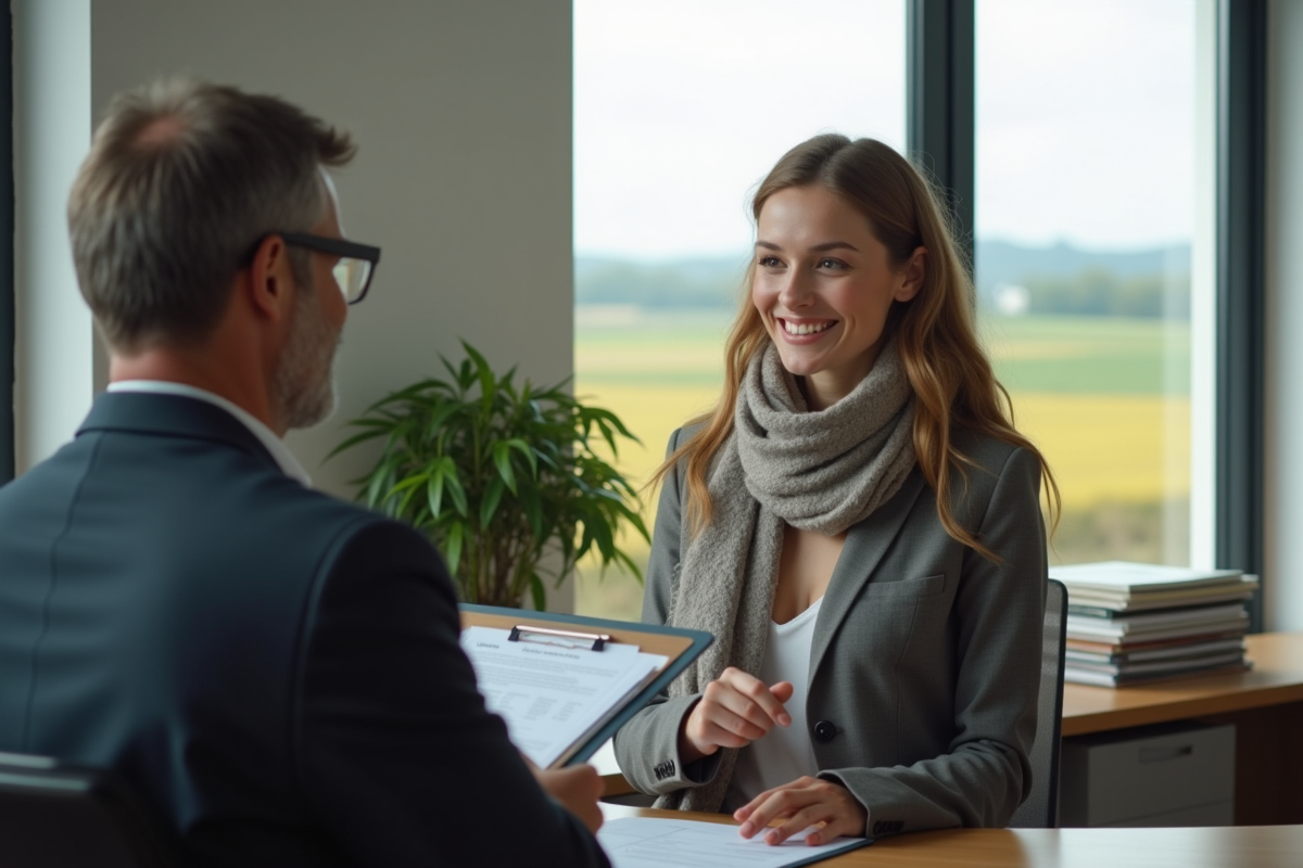 Jeune femme souriante discutant avec un banquier en bureau