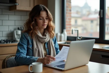 Femme regardant son ordinateur et sa facture dans la cuisine