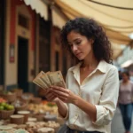 Femme examinant des billets de pesos argentins dans un marché de Buenos Aires