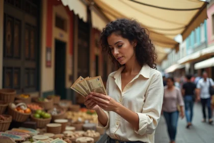 Femme examinant des billets de pesos argentins dans un marché de Buenos Aires