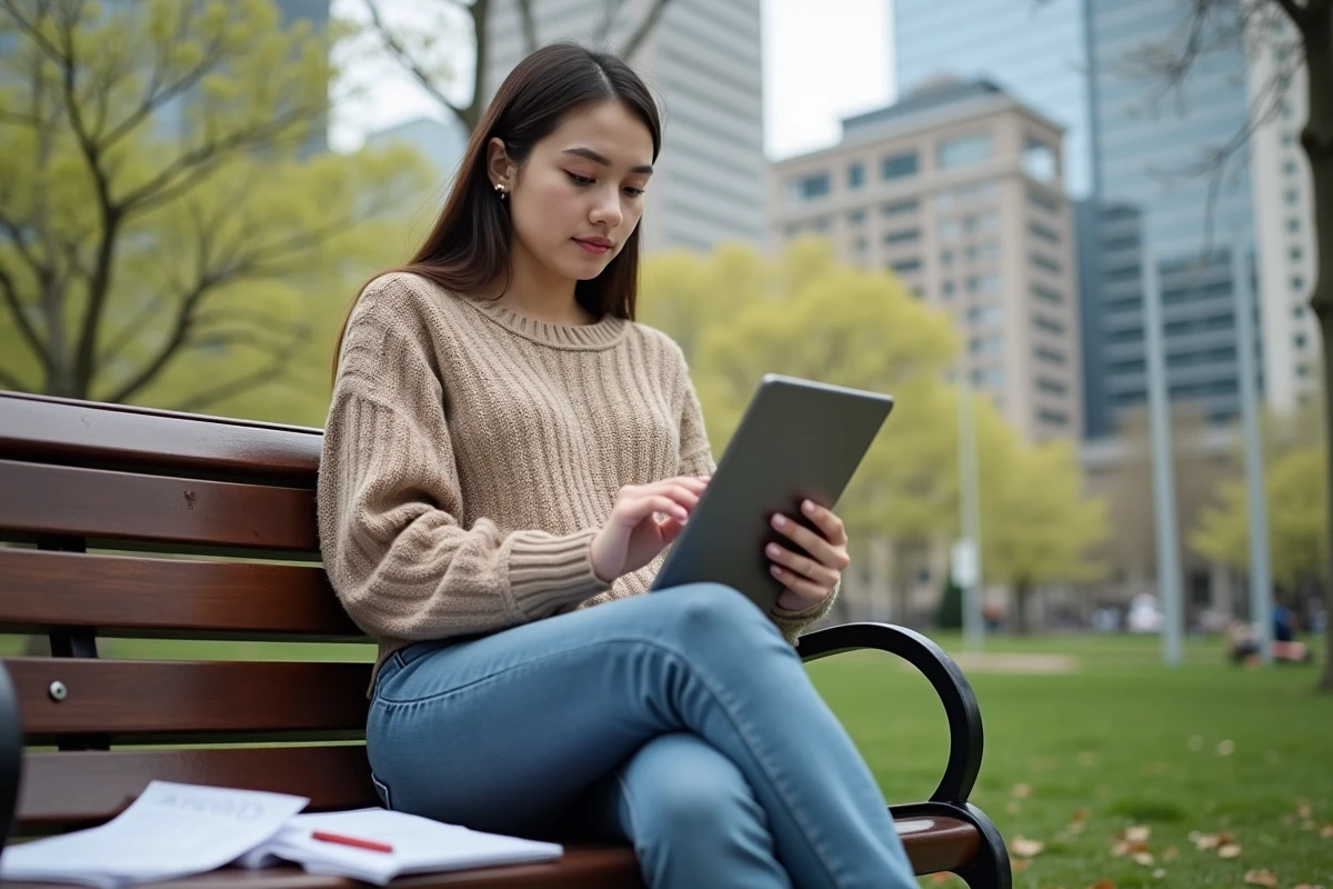 Jeune femme consulte une tablette dans un parc urbain