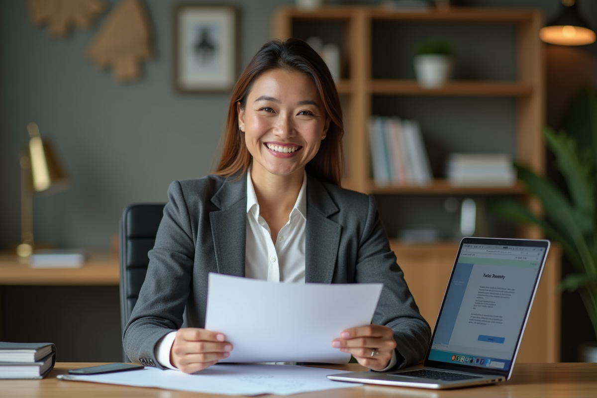 Femme souriante étudiant des documents sur l