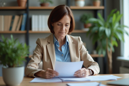 Femme d'âge moyen lisant des papiers dans un bureau à domicile
