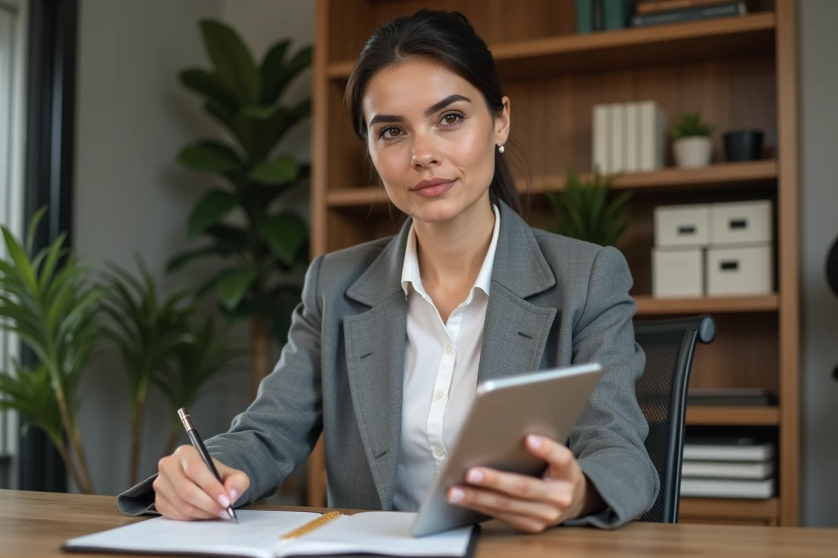 Femme professionnelle prenant des notes dans un bureau cosy