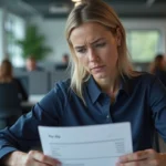 Femme cadre analysant son bulletin de paie avec la prime Macron imposable PPV au bureau