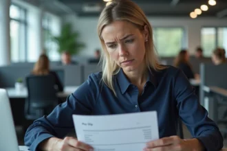 Femme cadre analysant son bulletin de paie avec la prime Macron imposable PPV au bureau