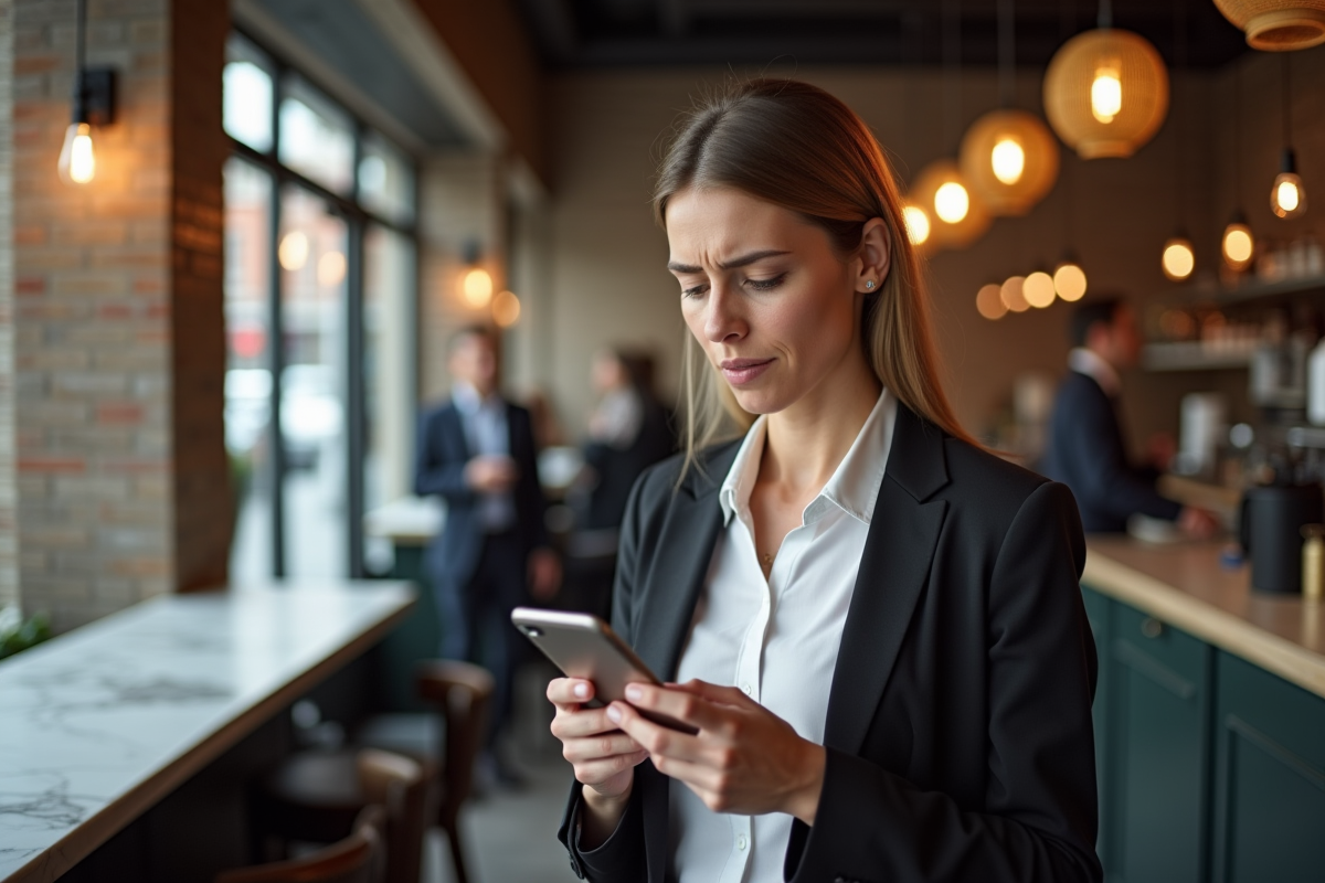 Femme d age moyen dans un cafe regardant son smartphone