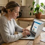 Femme consultant une cagnotte en ligne sur son ordinateur portable à la maison, entourée de documents fiscaux