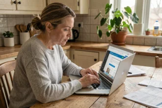 Femme consultant une cagnotte en ligne sur son ordinateur portable à la maison, entourée de documents fiscaux