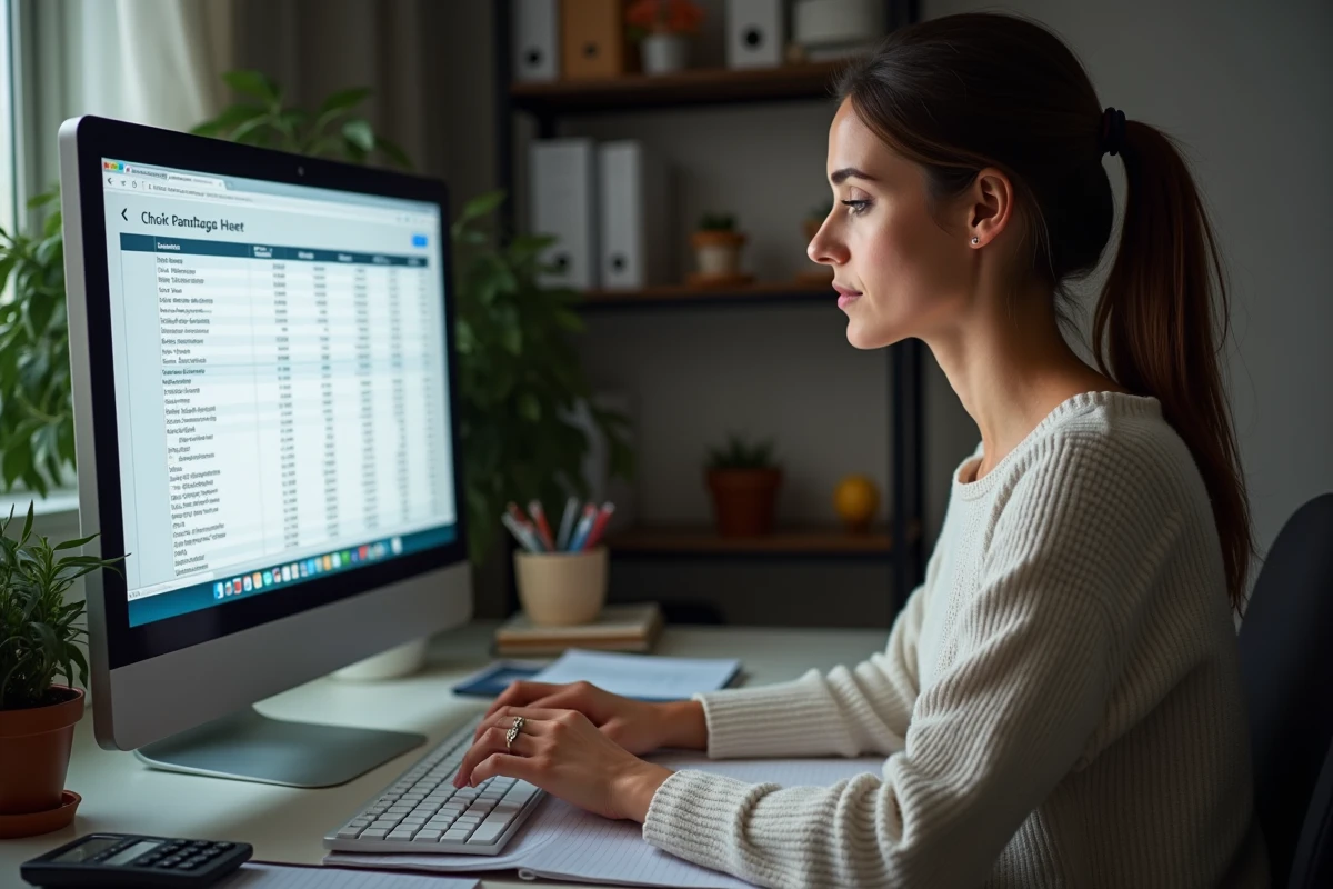 Femme calculant le budget du foyer et les revenus du couple pour la prime d'activité à son bureau
