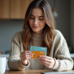 Jeune femme examine deux cartes bancaires à la maison