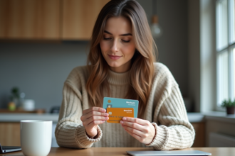 Jeune femme examine deux cartes bancaires à la maison