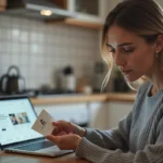 Femme tenant un chèque Cadhoc à la main devant un ordinateur portable affichant un site e-commerce