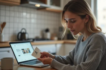 Femme tenant un chèque Cadhoc à la main devant un ordinateur portable affichant un site e-commerce