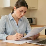 Femme consultant des documents d'assurance responsabilité civile à la maison pour comparer les offres