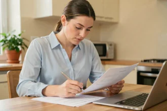 Femme consultant des documents d'assurance responsabilité civile à la maison pour comparer les offres