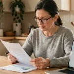 Femme consultant des documents de mutuelle santé à la maison avec un ordinateur portable et des papiers de comparaison de prix