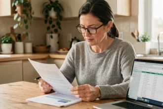Femme consultant des documents de mutuelle santé à la maison avec un ordinateur portable et des papiers de comparaison de prix