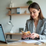 Femme comptant des billets de banque devant une calculatrice en ligne de distributeur de billets sur ordinateur portable