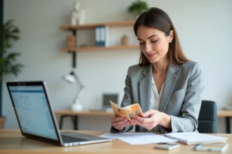 Femme comptant des billets de banque devant une calculatrice en ligne de distributeur de billets sur ordinateur portable