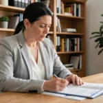 Femme examinant un contrat d'assurance emprunteur à son bureau à domicile