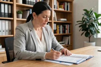 Femme examinant un contrat d'assurance emprunteur à son bureau à domicile