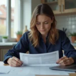 Femme en blouse navy tenant son relevé bancaire à la maison