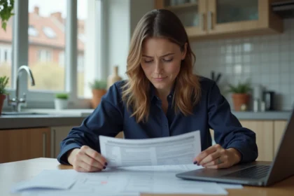 Femme en blouse navy tenant son relevé bancaire à la maison