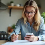 Femme remplissant un contrat de résiliation mobile à la maison