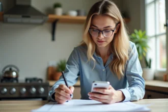 Femme remplissant un contrat de résiliation mobile à la maison