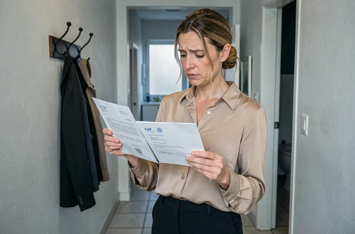 Femme seule comparant deux courriers CAF concernant le plafond des APL dans un appartement modeste