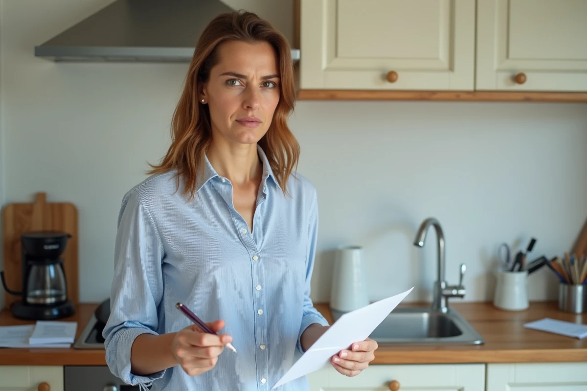 Femme tenant une enveloppe et un stylo pour écrire un courrier de réclamation à la CAF
