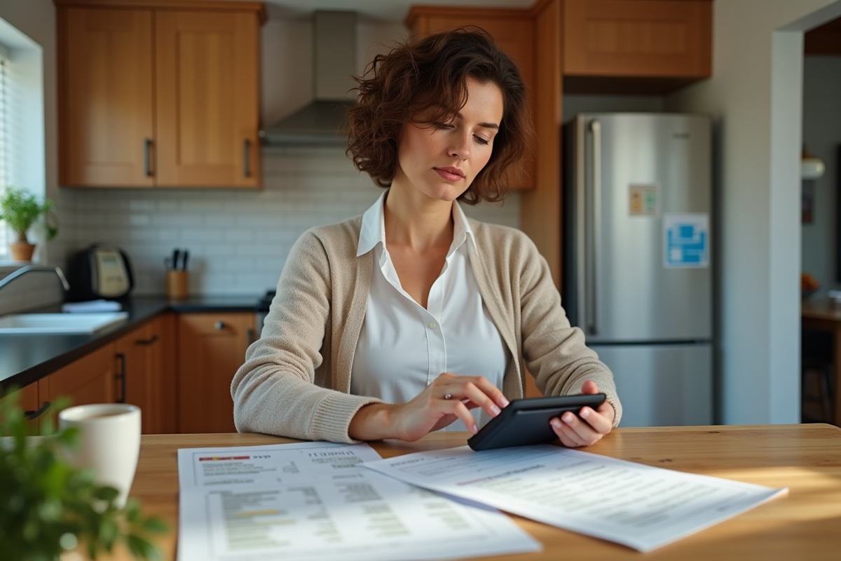 Femme utilisant une calculatrice dans une cuisine lumineuse