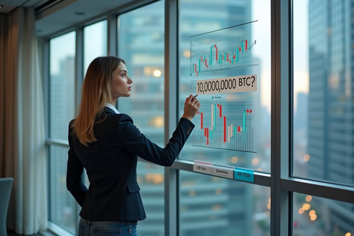 Jeune femme écrivant 10000000 BTC sur un tableau dans un bureau