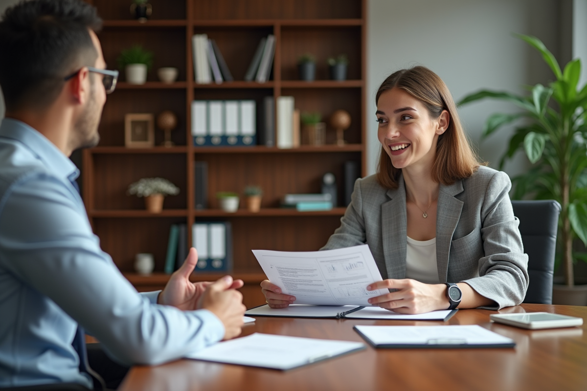 Femme souriante discutant avec un conseiller financier