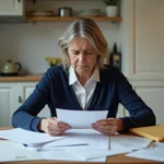 Femme inquiète lisant des documents administratifs à la recherche d'informations sur la prime versement 1745