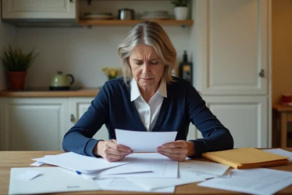 Femme inquiète lisant des documents administratifs à la recherche d'informations sur la prime versement 1745