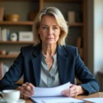 Femme consultant des documents d'assurance vie à son bureau à domicile