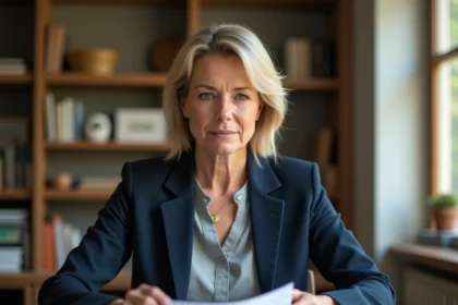 Femme consultant des documents d'assurance vie à son bureau à domicile