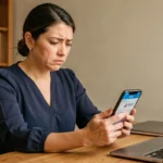 Femme frustrée tentant un virement instantané La Banque Postale sur son smartphone avec une erreur affichée
