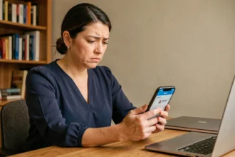 Femme frustrée tentant un virement instantané La Banque Postale sur son smartphone avec une erreur affichée