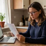 Femme consultant sa fiche de paie à la maison pour comprendre la conversion brut net 2026